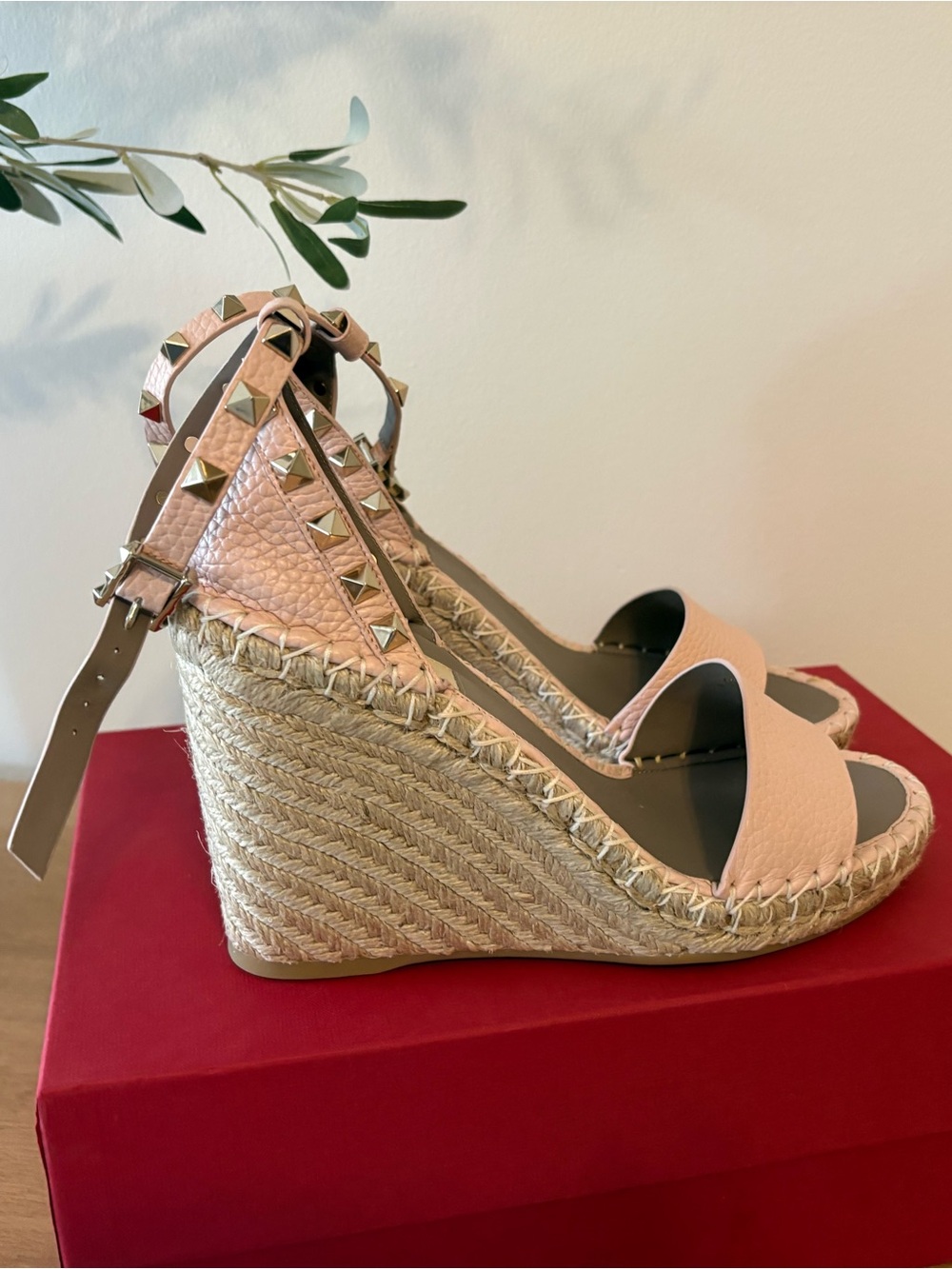 Valentino Blush Pink Rockstud Espadrille Wedge Sandals - Picture 5 of 7